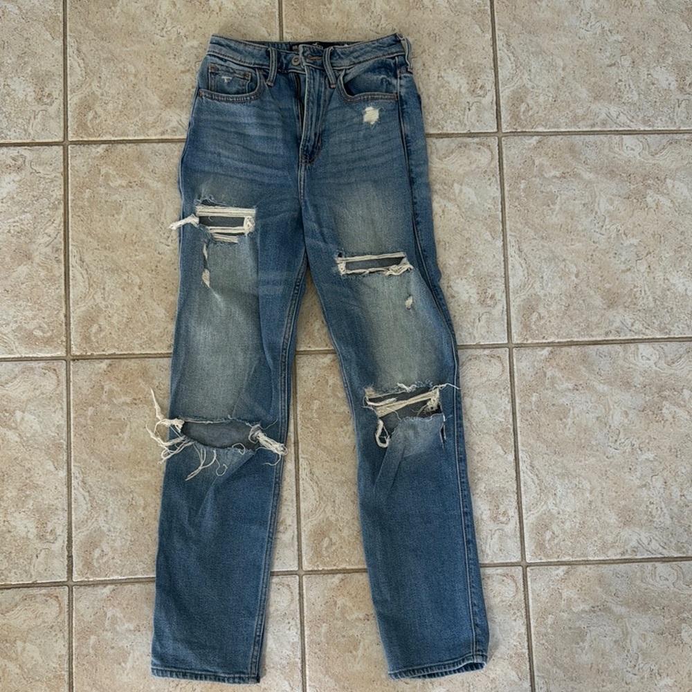 Hollister Blue Straight Leg Jeans with Natural Distressing